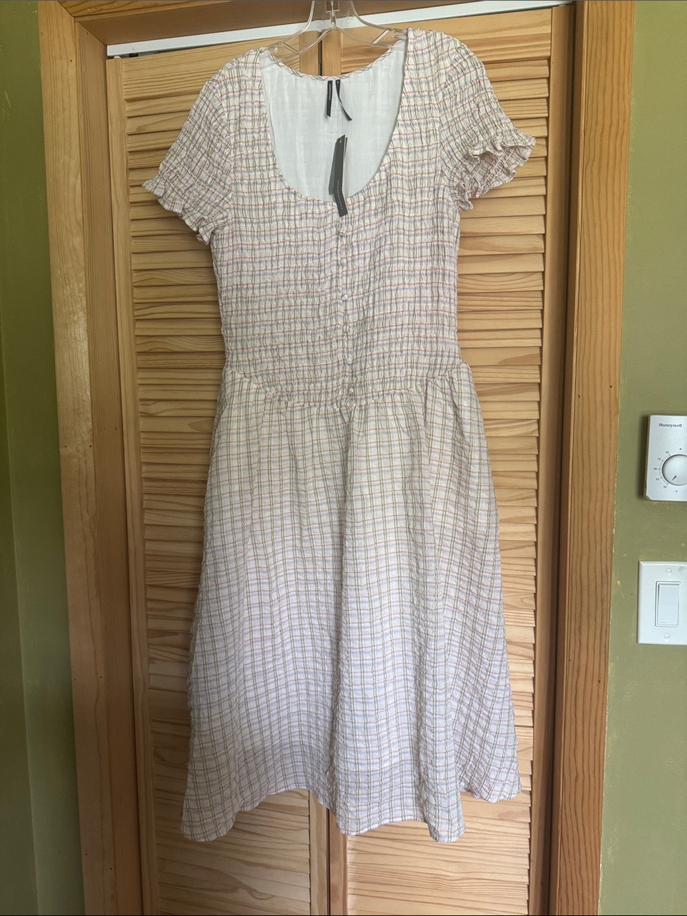 Anthropologie Cream and Pink Plaid Short-Sleeve Mini Dress